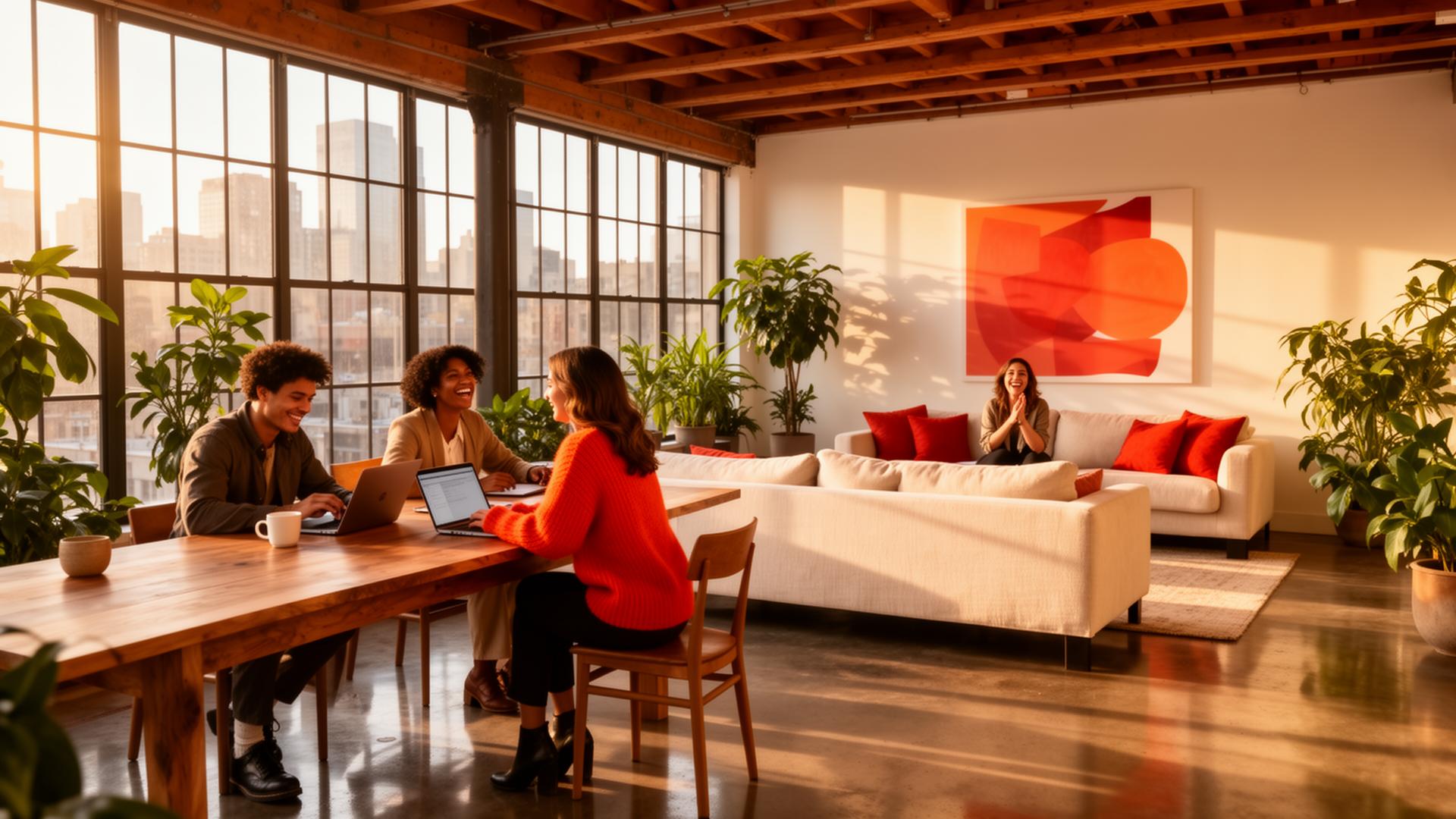 Sunlit luxury loft workspace with diverse professionals
